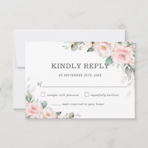 Chique Blush Roze Bloemen Groen Bruiloft RSVP Kaar Kaartje