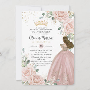 Chique Blush Roze Bloemen Prinses Jurk Quinceañera Kaart