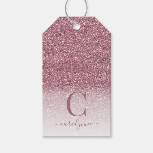Chique Blush Roze | Roos Gold Glitter Monogram Cadeaulabel (Voorkant)