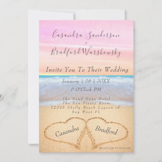 Chique Blush Roze Strand Bruiloft 2 Harten in het Kaart (Voorkant)