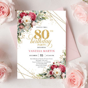 Chique Blush Witte Gouden 80ste Verjaardagsuitnodi Kaart