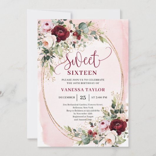 Chique Boho Blush Burgundy Roze Sweet 16 Uitnodigi Kaart (Voorkant)