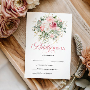 Chique Boho Blush Rozen Groenelementen Gouden Trou RSVP Kaartje