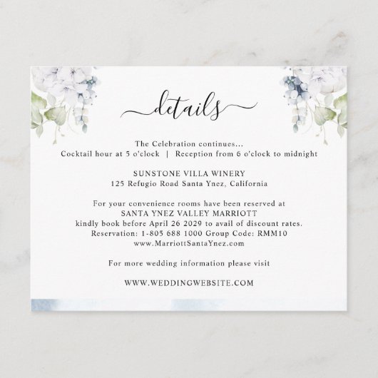 Chique Bord Blauwe Waterverf, Bloemen bruiloft Det Informatiekaartje (Voorkant)