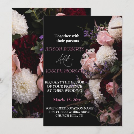 Chique bordeaux bloemenbruiloft uitnodiging (Voorkant / Achterkant)