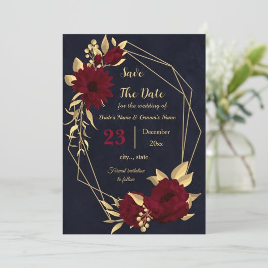 Chique bordeaux en goud marine geometrische save the date (Staand voorkant)