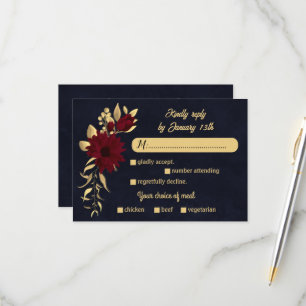 Chique bordeaux en goud marine maaltijd keuze brui RSVP kaartje