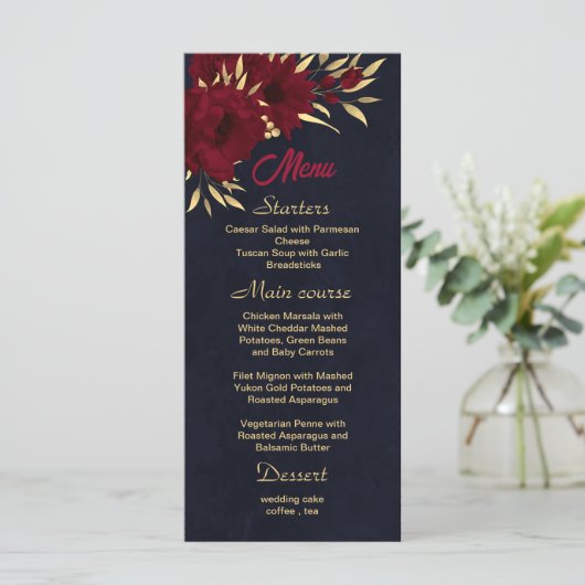 Chique bordeaux en goud marineblauw bruiloft menu (Staand voorkant)