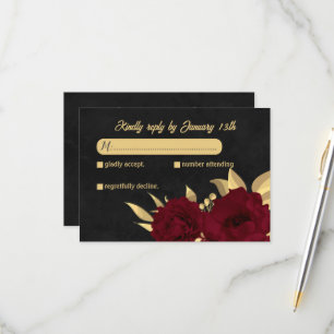 Chique bordeaux en goud zwart botanische bruiloft RSVP kaartje