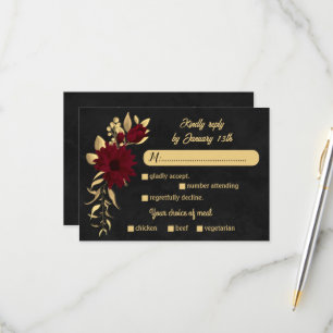Chique bordeaux en goud zwart maaltijd keuze bruil RSVP kaartje