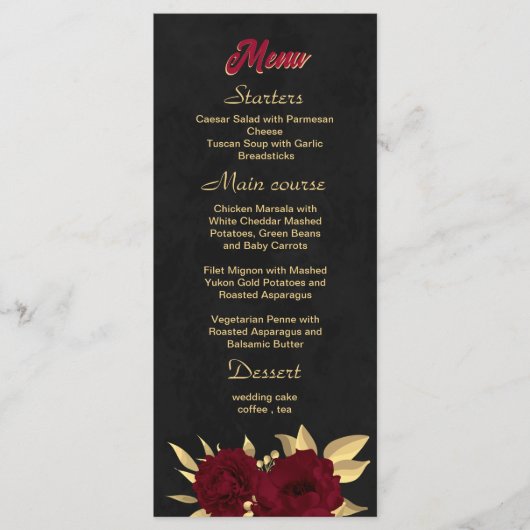 Chique bordeaux en gouden zwarte bruiloft menu (Voorkant)