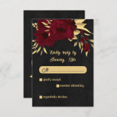 Chique bordeaux en gouden zwarte bruiloft RSVP kaartje (Voorkant / Achterkant)