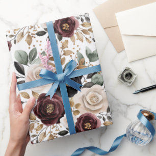 Chique bordeauxkleurige crème bloemrijke bruidsdou cadeaupapier