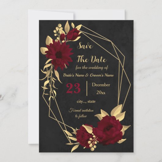Chique bordeauxrood en goud zwart geometrisch save the date (Voorkant)