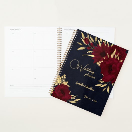 Chique bordeauxrood en goudnauwe trouw planner (Display)