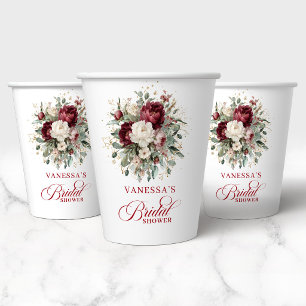Chique bordeauxroze bloemen gouden bruiloftsshower papieren bekers