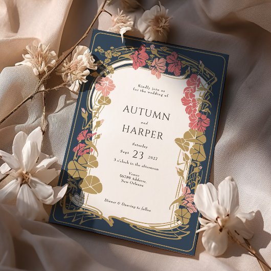 Chique Botanische Marine en Blush Bruiloft Kaart