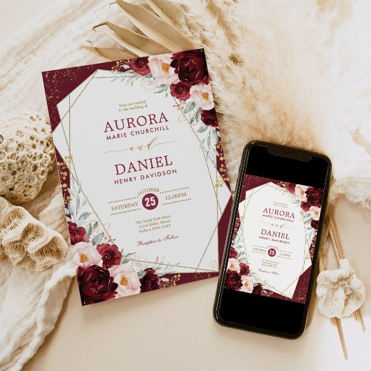 Chique Bourgogne Blush Goud Bloemen Geometrische B Kaart