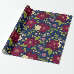 Chique Bourgogne, Navy Blue en Gold Wedding Floral Cadeaupapier