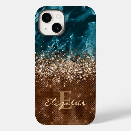 Chique Brons Turquoise Glitter Marmer monogram Case-Mate iPhone Case (Achterkant)