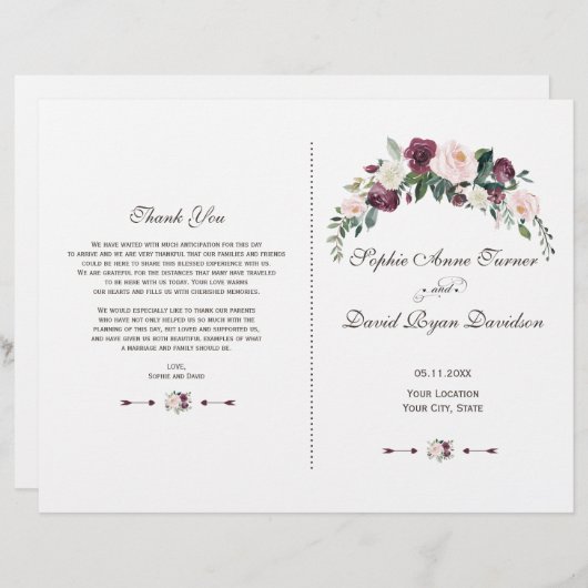 Chique bruidsprogramma met bloemen in bordeauxroze (Voorkant / Achterkant)