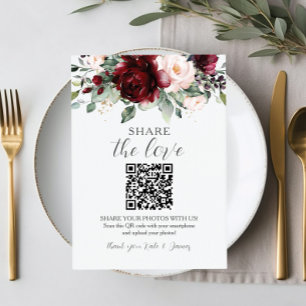 Chique Burgundy Blush Roze Bloemen QR Deel Foto's Bedankkaart