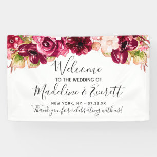 Chique Burgundy & Blush Roze Bloemige Trouw Welkom Spandoek