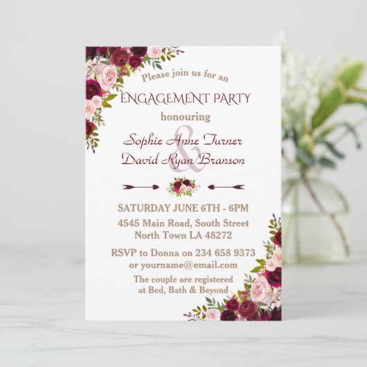 Chique Burgundy Marsala Bloemrijke Verloving Feest Kaart (Staand voorkant)