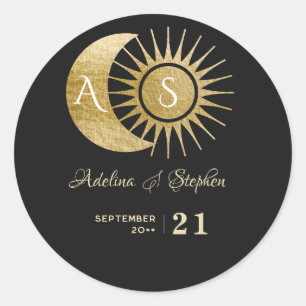 Chique Celestial Zwart Goud Zon Maan Monogram Cres Ronde Sticker