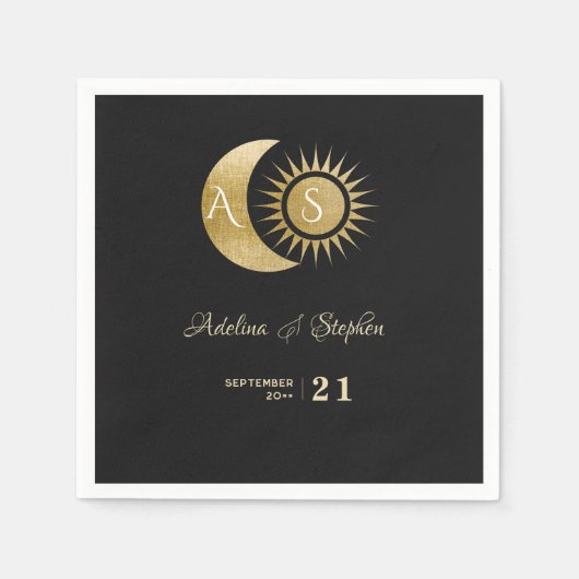 Chique Celestial Zwart Goud Zon Maan Monogram Cres Servet (Voorkant)