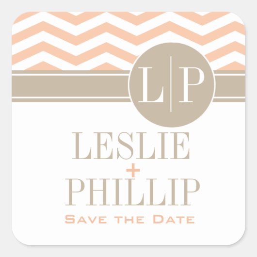 Chique Chevron Monogram | perzik Vierkante Sticker (Voorkant)