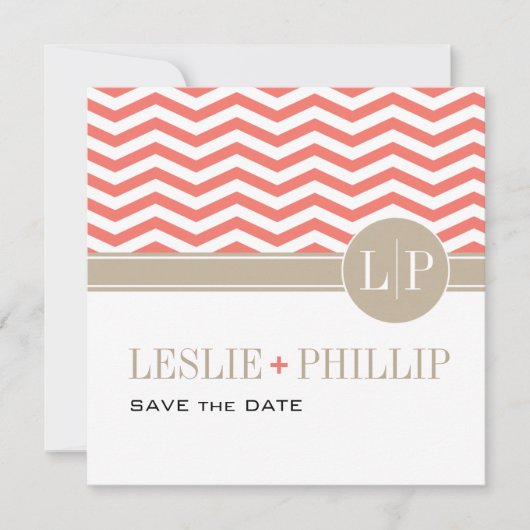 Chique Chevron Monogram Save the Date | koraalrood (Voorkant)