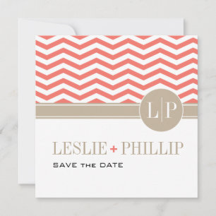 Chique Chevron Monogram Save the Date koraalrood