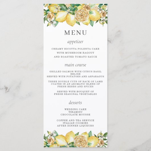 Chique Citroen Bloemen Groen Bruiloft Menu (Voorkant)