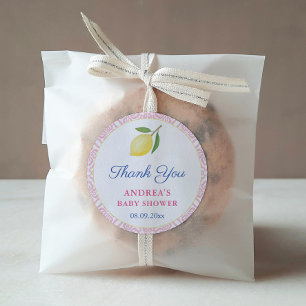 Chique citroenen roze witte meisje baby shower fav ronde sticker