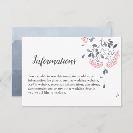 Chique classy grijs roze waterverf bruiloft detail informatiekaartje (Voorkant / Achterkant)