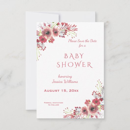 Chique Classy Rood Bloemen Waterverf Baby shower Save The Date (Voorkant)
