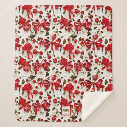 Chique coquette rode rozen en bogen monogram sherpa deken (Voorkant)