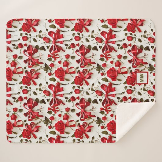 Chique coquette rode rozen en bogen monogram sherpa deken (Voorkant (horizontaal))
