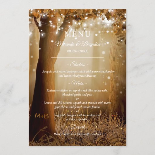 Chique Country Tree String Lights Rustieke bruilof Menu (Voorkant)
