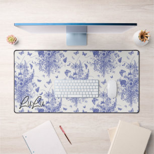  Chique Custom Name Blauw & Wit Bloemen Toile Bureaumat