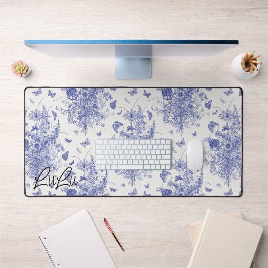  Chique Custom Name Blauw & Wit Bloemen Toile Bureaumat (Kantoor 1)