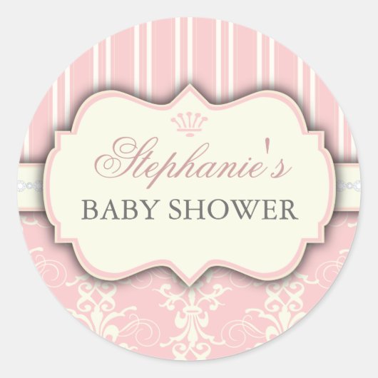 Chique Damask & Stripe Baby shower Favor Sticker (Voorkant)