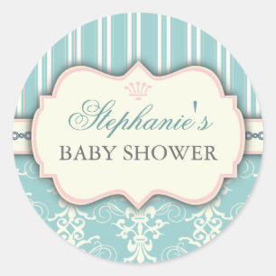 Chique Damask & Stripe Baby shower Favor Sticker