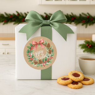 Chique decemberkrans met roze strik aquarel ronde sticker