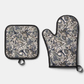 Chique Donkerblauw Wit Grijs Paisley Art Patroon Ovenwant & Pannenlap Set (Voorkant)