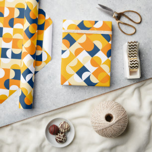 Chique donkerblauwe zonnig gele cirkels kunstpatro cadeaupapier