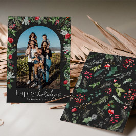 Chique donkergrijze botanische bloemboog 1 foto feestdagenkaart