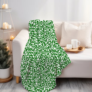 Chique donkergroen wit damast bloemmotief fleece deken