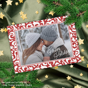 Chique donkerrood wit damast bloemenkunst patroon feestdagenkaart